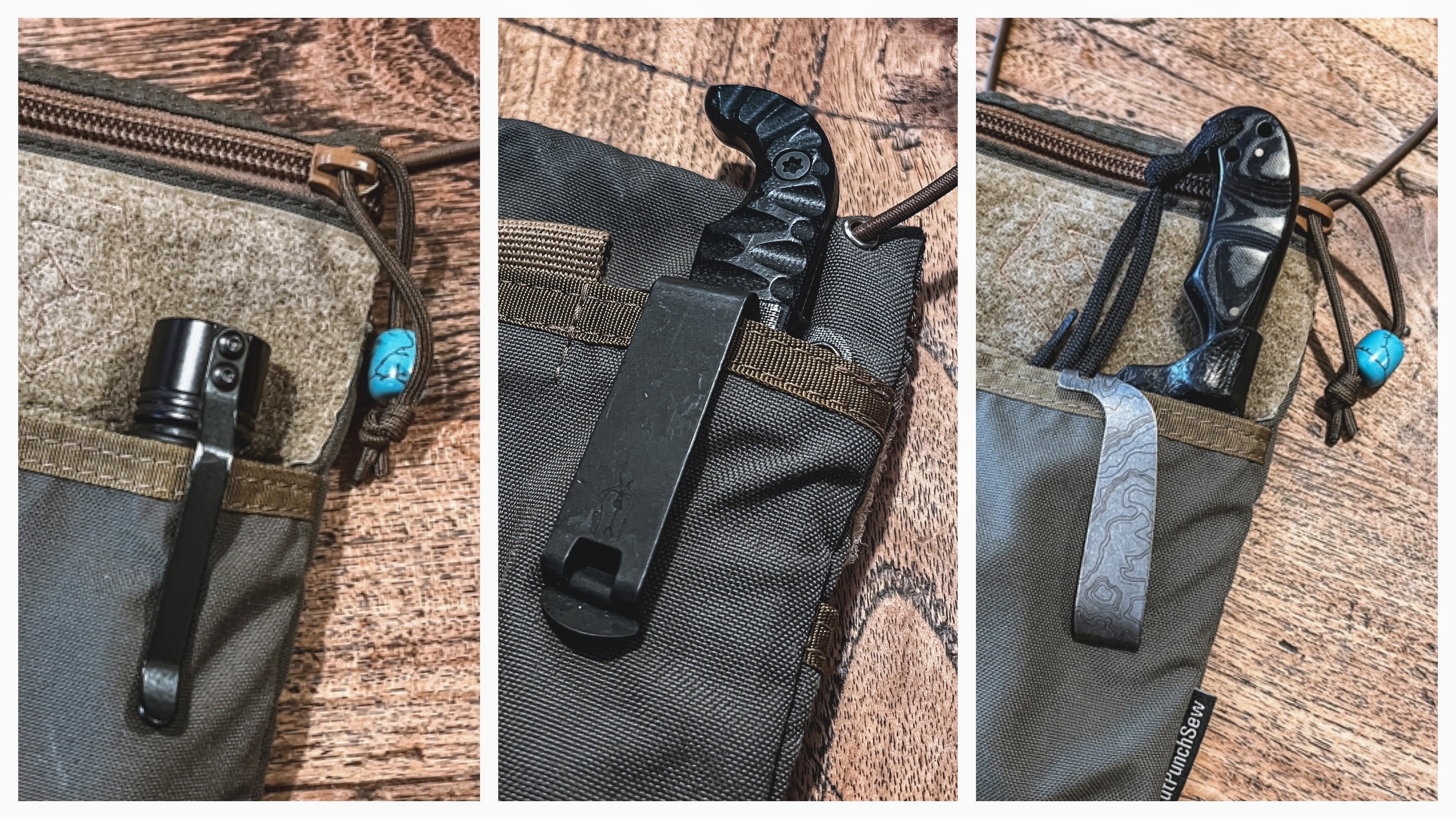 The Wndsn Passport Pouch with knives and a flashlight.